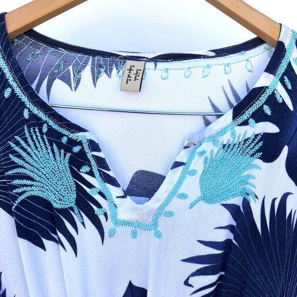 Caftan Maxi Dress Cover-Up Kaftan Long Blue White Floral Large Lightweight - Picture 6 of 9